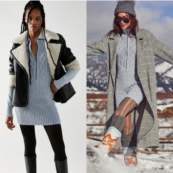 Free People Mont Blanc Mini Dress Blue Womens Medium Sweater Knit Boho Winter - Picture 12 of 13